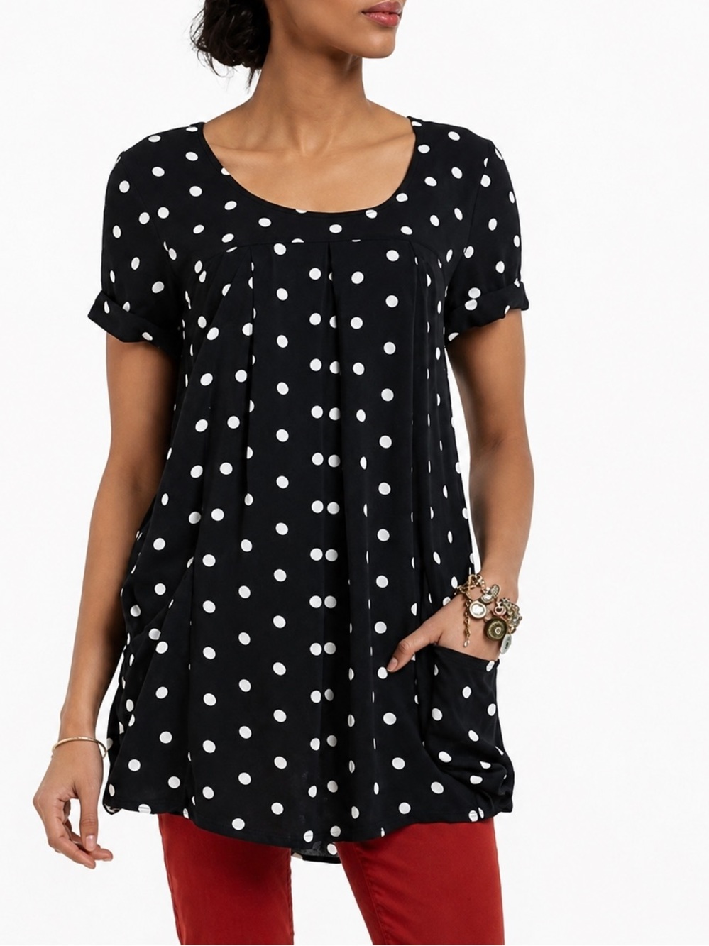Anthropologie Holding Horses Black Polka Dot Tunic Side Pockets Retro Casual XS